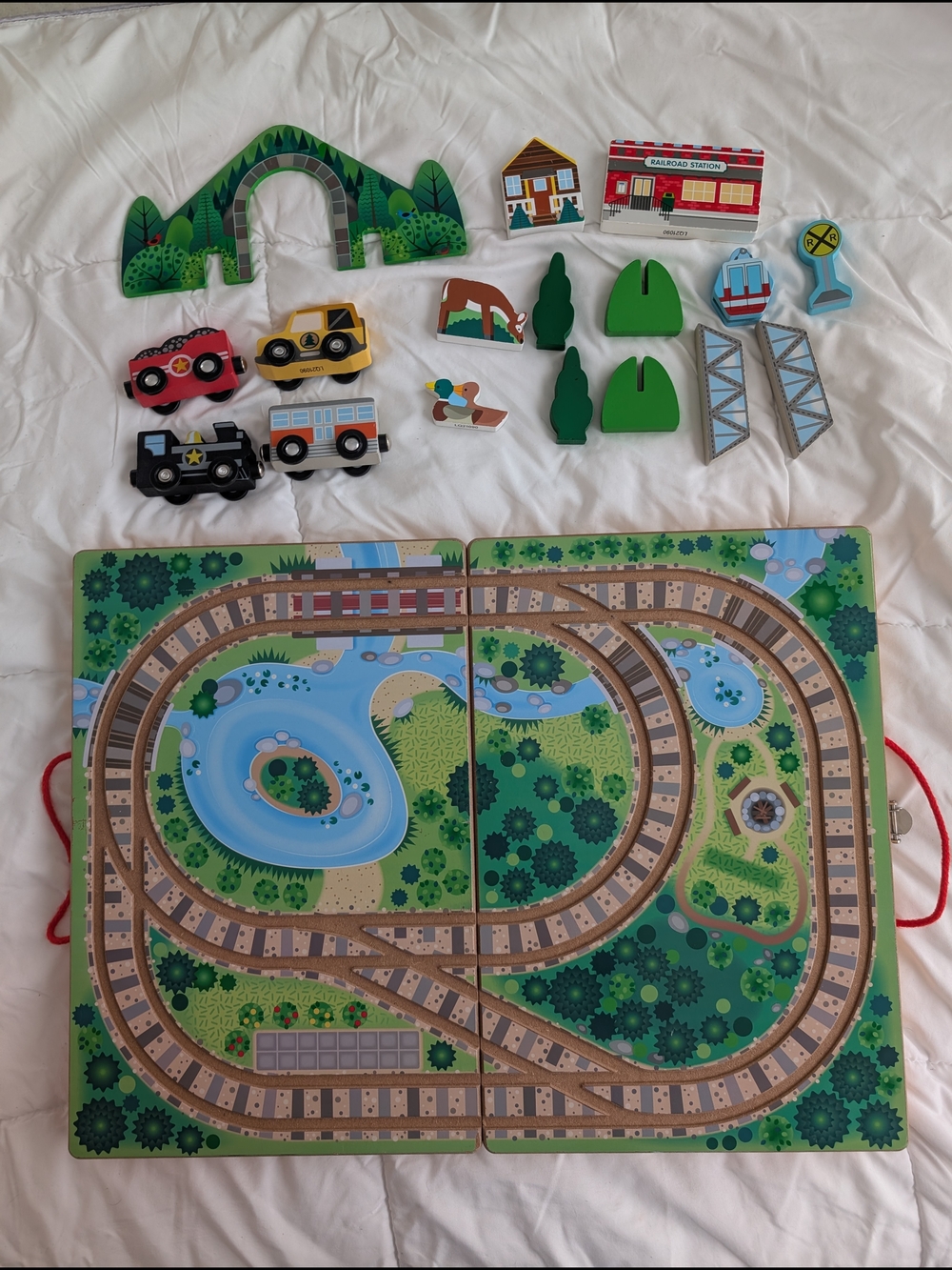Wooden Train Playset with Green Track Mat and Accessories
